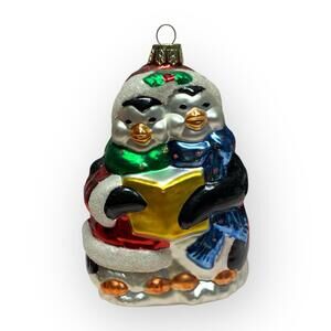 Vintage BLOWN GLASS Caroling PENGUINS Christmas Ornament Multicolored Hanging